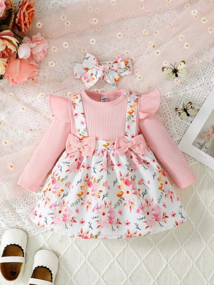 女婴花卉印花圆领盖袖连衣裙，配有二合一设计和头带，2 件/包 - 粉色 - 查看 1