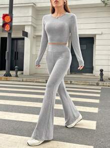 SHEIN EZwear 素色短款T恤&喇叭褲 - 灰色 - 查看 2