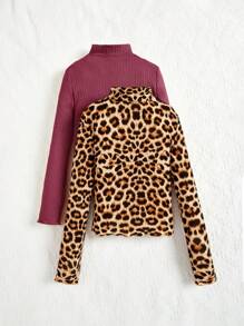 Tween Girl 2pcs Leopard Print Mock Neck Tee - Burgundy - View 2