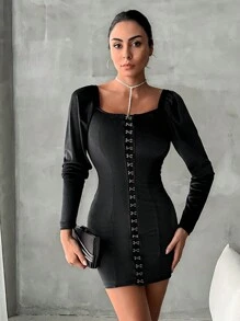 EURMUSE Hook And Eye Square Neck Bodycon Dress - Black - View 1