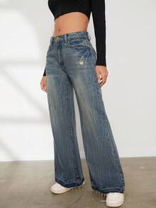 Women's Wide Leg Denim Pants - Blue - View 4