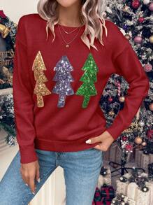SHEIN LUNE Sequin Christmas Tree Pattern Drop Shoulder Knit Pullover Fall Winter Sweater - Red - View 6