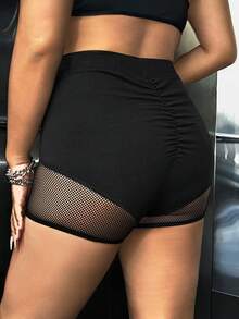 SHEIN ICON Plus Size Women's Color Block Fishnet Panel Shorts - Black - View 2