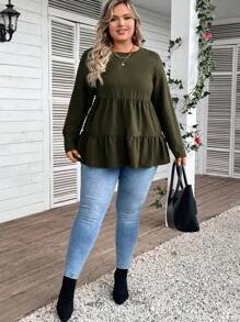 EMERY ROSE Plus Size Women's Solid Color Round Neck T-shirt With Lotus Leaf Hem - Army Green - View 5