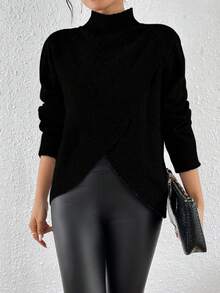 SHEIN Essnce Stand Collar Solid Color Asymmetrical Hem Sweater - Black - View 4