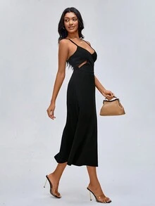 Growing Cut Out Split Thigh Cami Dress - Black - View 6