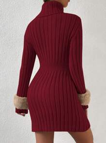 Chiquease 修身羅紋高領毛衣洋裝(不含腰帶) - 紅色 - 查看 2