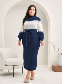 Mulvari 女士加大尺碼色塊長袖連衣裙,腰帶設計 - 寶藍色 - 查看 5