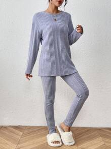 SHEIN Frenchy 女款下垂肩針織上衣和褲子套裝 - 霧霾藍 - 查看 4