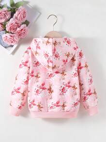 SHEIN Girls' Flower Print Thermal Lined Hooded Jacket - Pink - View 2