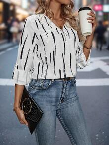 SHEIN Essnce Patterned Zip Detail Long Sleeve Shirt - Black and White - View 4