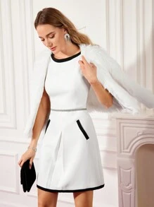 MOTF PREMIUM CONTRAST TRIM RHINESTONE DRESS - Black and White - View 6