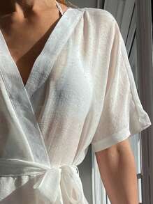 SHEIN Swim Kimono chống nắng màu trơn cho nữ có thắt lưng có thể tháo rời, dành cho kỳ nghỉ hè ở bãi biển - trắng - Xem 4