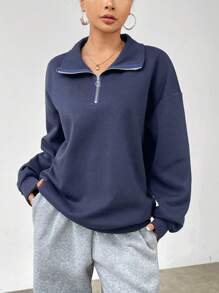 SHEIN Unity 純色下垂肩絨布運動衫 - 藏蓝色 - 查看 1