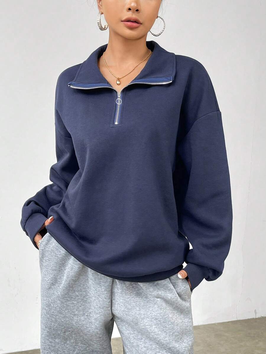 SHEIN Unity 純色下垂肩絨布運動衫 - 藏蓝色 - 查看 1