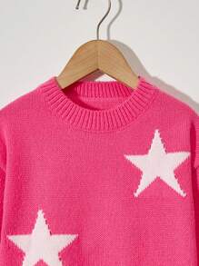 SHEIN Tween Girl Star Pattern Drop Shoulder Sweater - Hot Pink - View 5