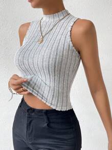 SHEIN LUNE 2pcs Mock Neck Ribbed Knit Tank Top - Light Grey - View 4