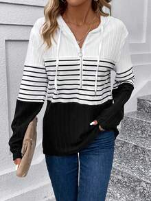 SHEIN LUNE In sọc Một nửa khóa kéo Dây rút áo có mũ Áo thun - Nhiều màu - Xem 4