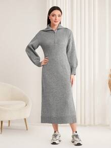 Mulvari Màu thuần Dây kéo nửa Đầm Áo len - Xám - Xem 1