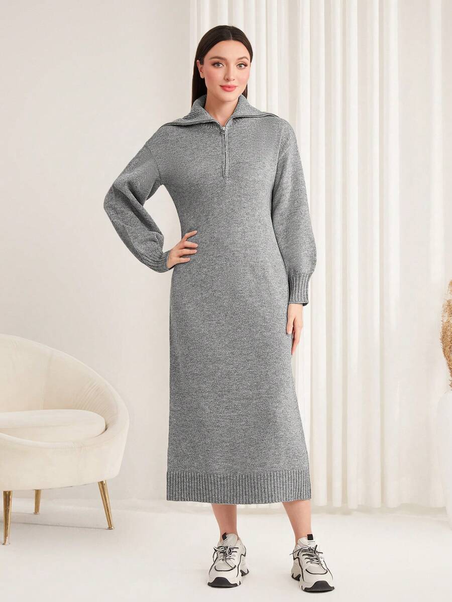 Mulvari Màu thuần Dây kéo nửa Đầm Áo len - Xám - Xem 1