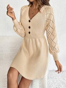SHEIN Frenchy Của phụ nữ Cổ chữ V Nút Lên Tay áo lồng đèn Dệt kim Đầm Áo len - Màu Khaki - Xem 4