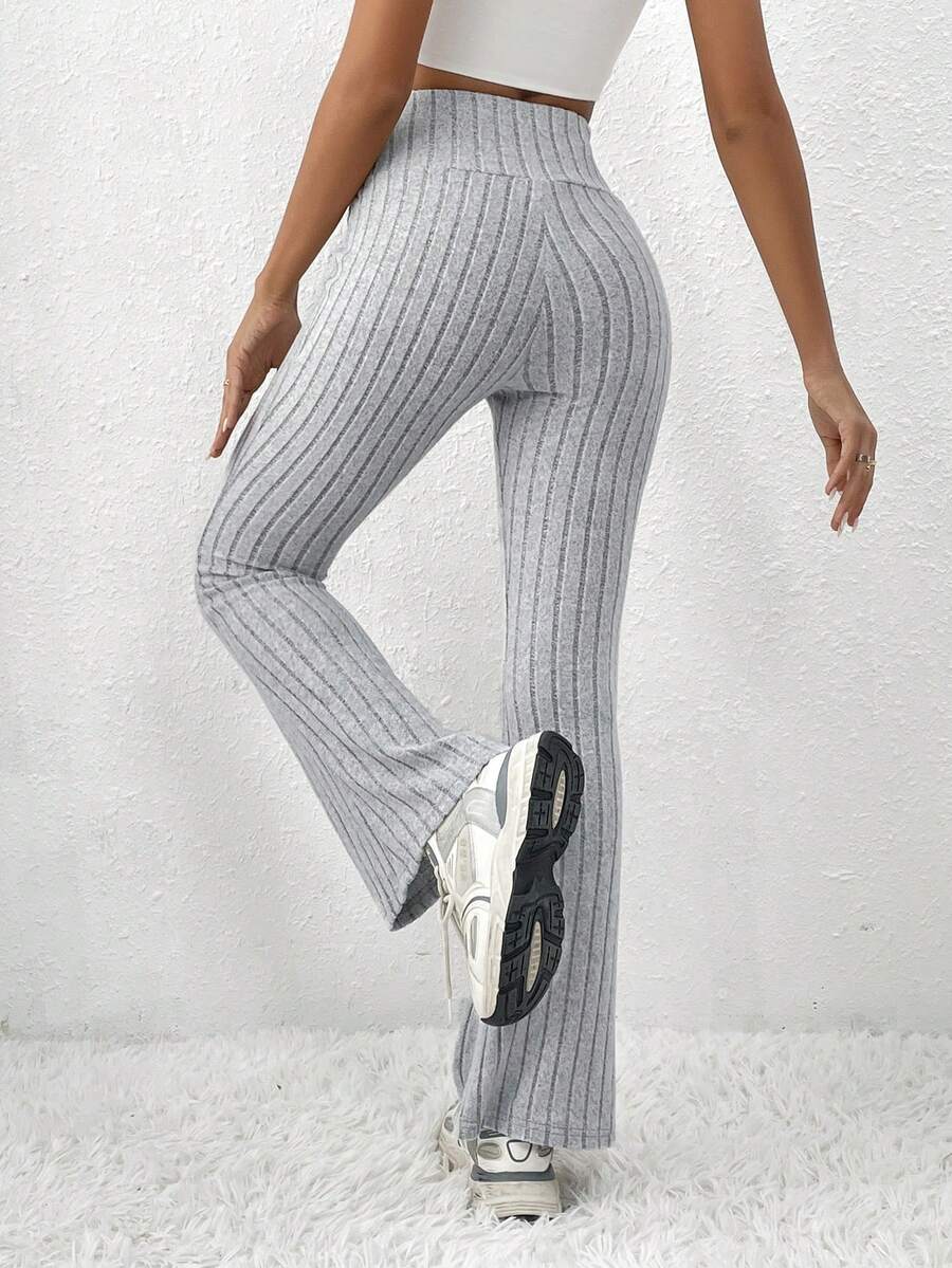 SHEIN Frenchy Của phụ nữ Rộng Eo Dệt kim gân sọc Quần ống rộng - Xám - Xem 1