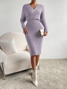 SHEIN Clasi 交叉領口蝙蝠袖毛衣連衣裙 - 紫色 - 查看 5