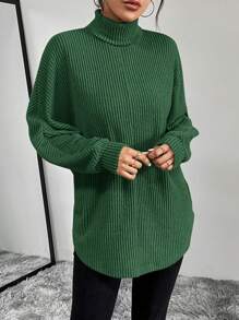 SHEIN Essnce Turtleneck Batwing Sleeve Tee - Green - View 4