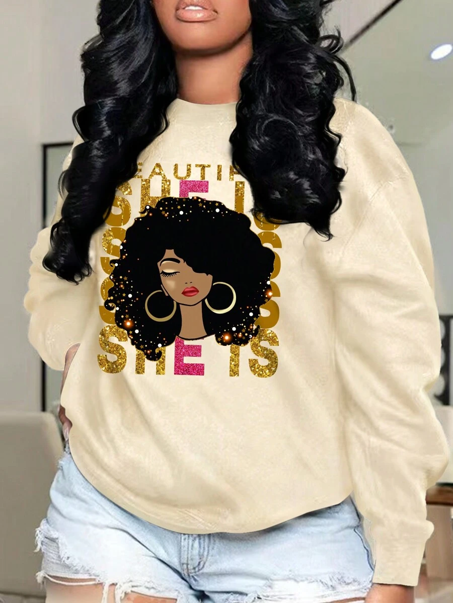 SHEIN EZwear Của phụ nữ Kích thước lớn Hoạt hình Nhân vật & In thư Vòng cổ Thả vai Lông cừu Áo nỉ - Màu be - Xem 1