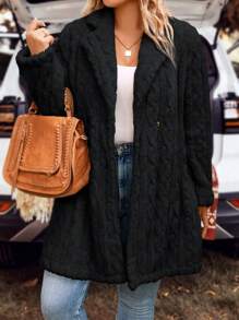 SHEIN LUNE Plus Size Cable Knit Cardigan - Black - View 1