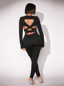 SHEIN SXY 女士性感露背緊身連身褲 - 藍色 - 查看 7