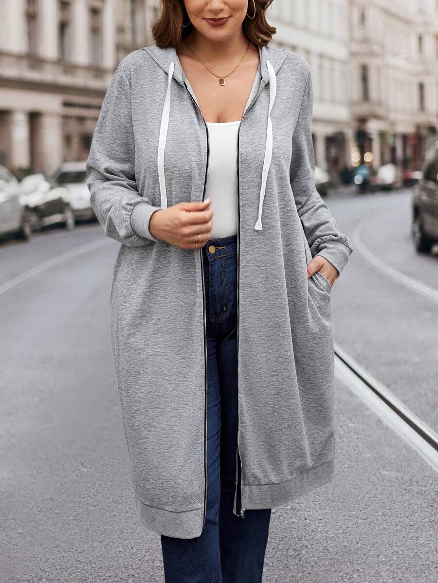 SHEIN LUNE 女性大碼抽繩拉錬夾克 - 淺灰色 - 查看 1