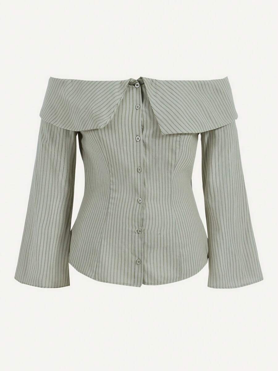 Flirla Plus Foldover Off Shoulder Striped Print Blouse - Green - View 1
