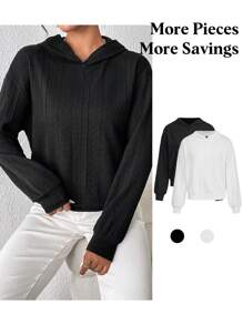 SHEIN Essnce 1pc Solid Drop Shoulder Hoodie - Black and White - View 2