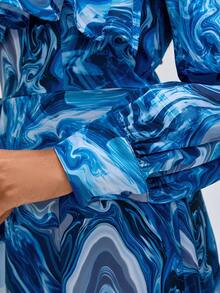 Hena 设计师大理石印花灯笼袖荷叶边下摆优雅连衣裙，适合假期 - 彩色 - 查看 8