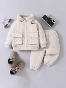 SHEIN Baby Boy Letter & Cartoon Graphic Quilted Coat & Pants - Apricot - View 2