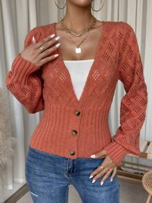 SHEIN LUNE Women's Deep V-neck Cardigan - Orange - View 1