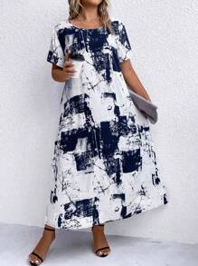 SHEIN LUNE Plus Size Women's Printed Dresses For Summer - Navy Blue - View 5