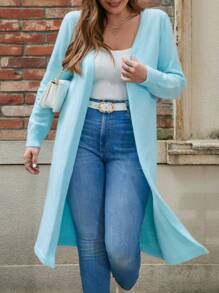 SHEIN LUNE 大尺碼純色前開襟衫 - 藍色 - 查看 1