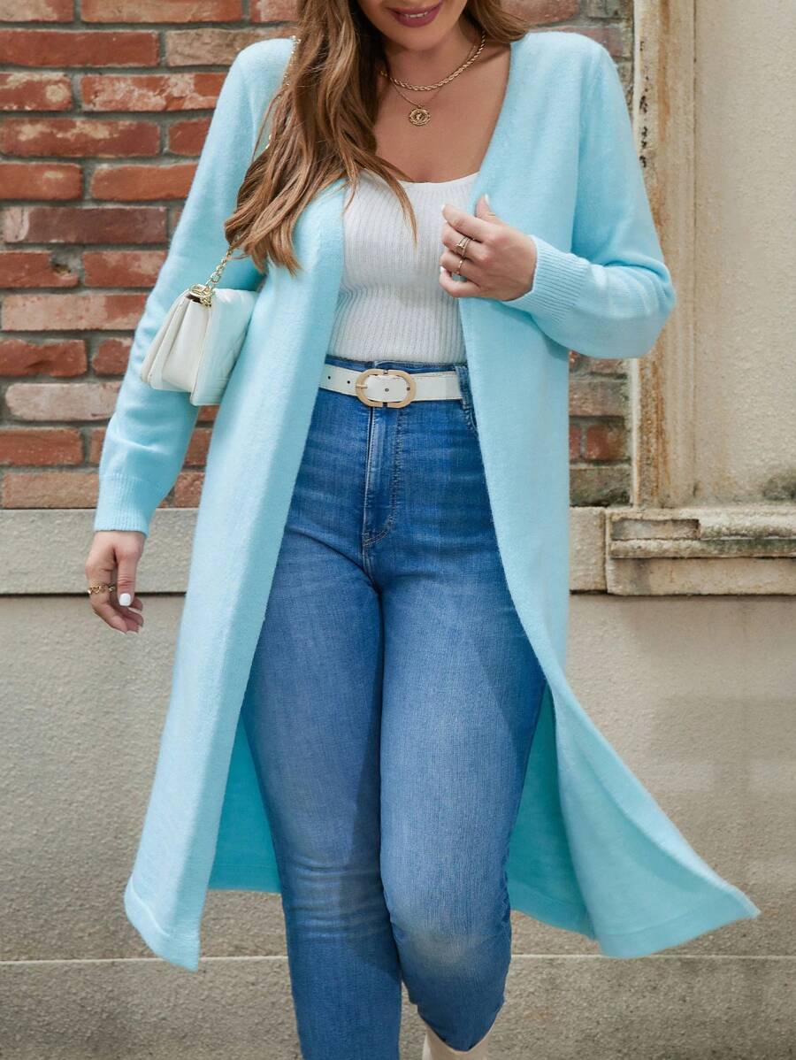 SHEIN LUNE 大尺碼純色前開襟衫 - 藍色 - 查看 1