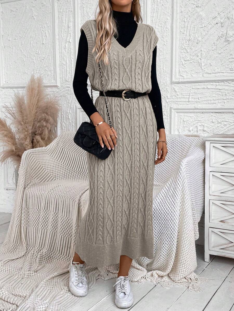 SHEIN LUNE 1pc Cable Knit Sweater Dress Without Belt - Khaki - View 1