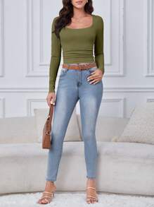 SHEIN Tall 女式方領緊身t卹 - 橄欖綠 - 查看 3