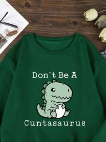 SHEIN EZwear Cartoon Dinosaur And Slogan Print Thermal Lined Sweatshirt