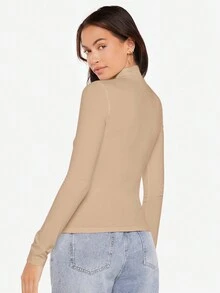 SHEIN BASICS High Neck Solid Tee - Beige - View 2