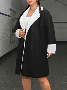 SHEIN EZwear 大尺碼毛領羊毛大衣 - 黑與白 - 查看 7