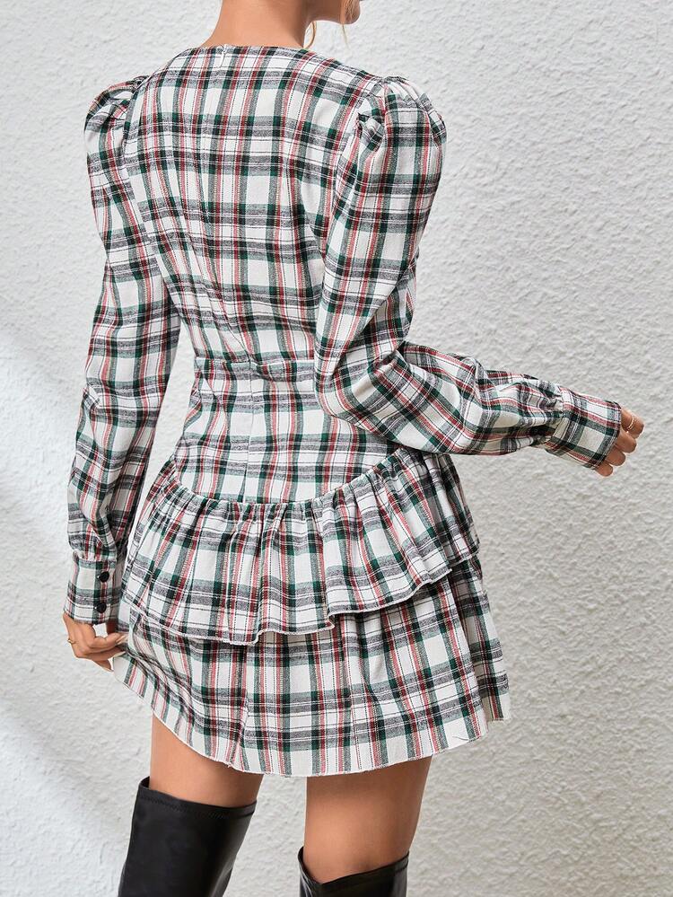 Plaid Print Puff Sleeve Ruffle Hem Dress