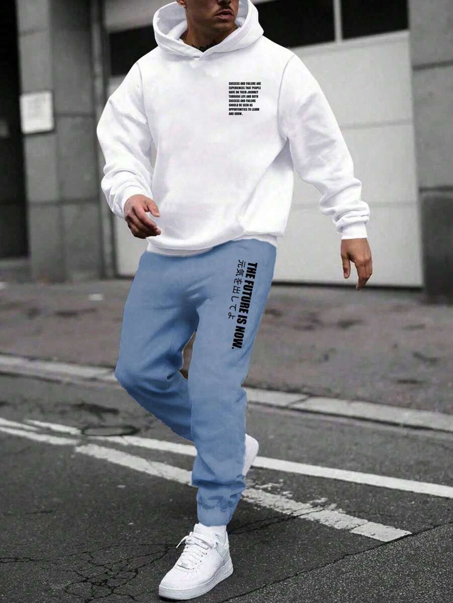 GENTILAND Men's Plus Size Hooded Sweatshirt And Sweatpants Set With Slogan Print - Multicolor - View 1