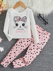 SHEIN Young Girl Cartoon & Letter Graphic Tee & Pants Snug Fit PJ Set - Pink - View 2