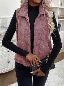 SHEIN LUNE Dây kéo mặt trước Len Lông cừu Áo vest - Hồng - Xem 3