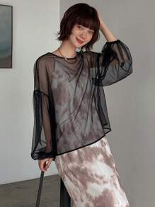 FRIFUL 女士灯笼袖透视T恤透明上衣长袖上衣 - 黑色 - 查看 7